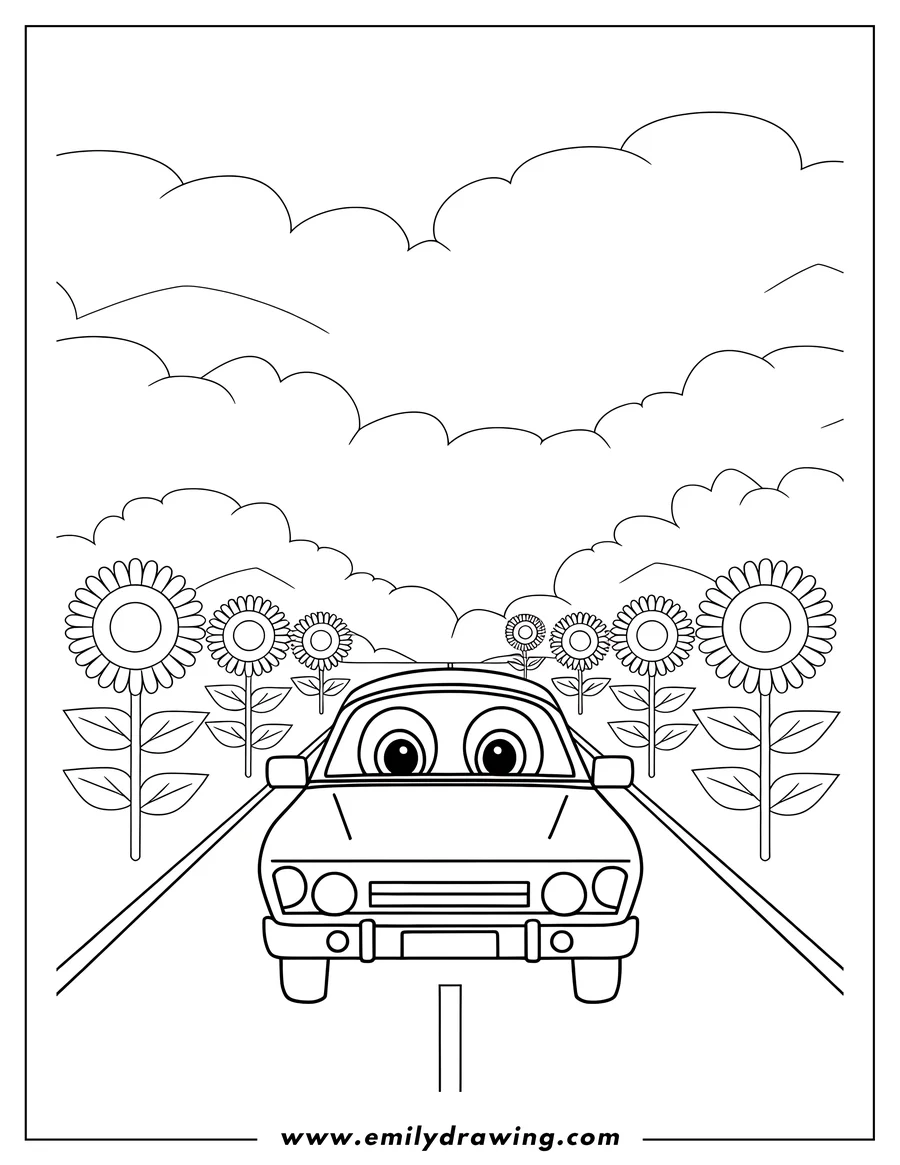 Outline of a car driving on a road lined with sunflowers. The car has large, expressive eyes, giving it a friendly appearance.  Fluffy clouds float in the sky above.