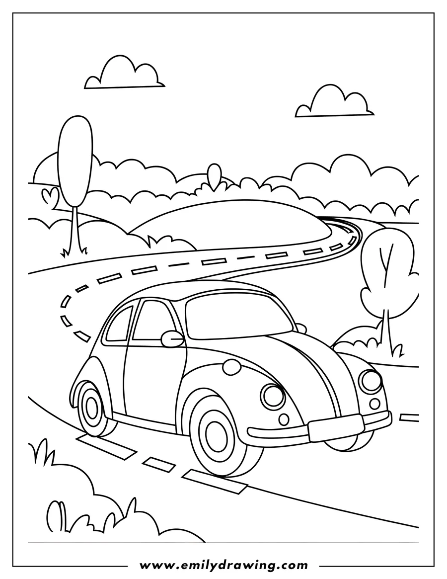 Outline of a car driving down a winding road, surrounded by hills, trees, and bushes.