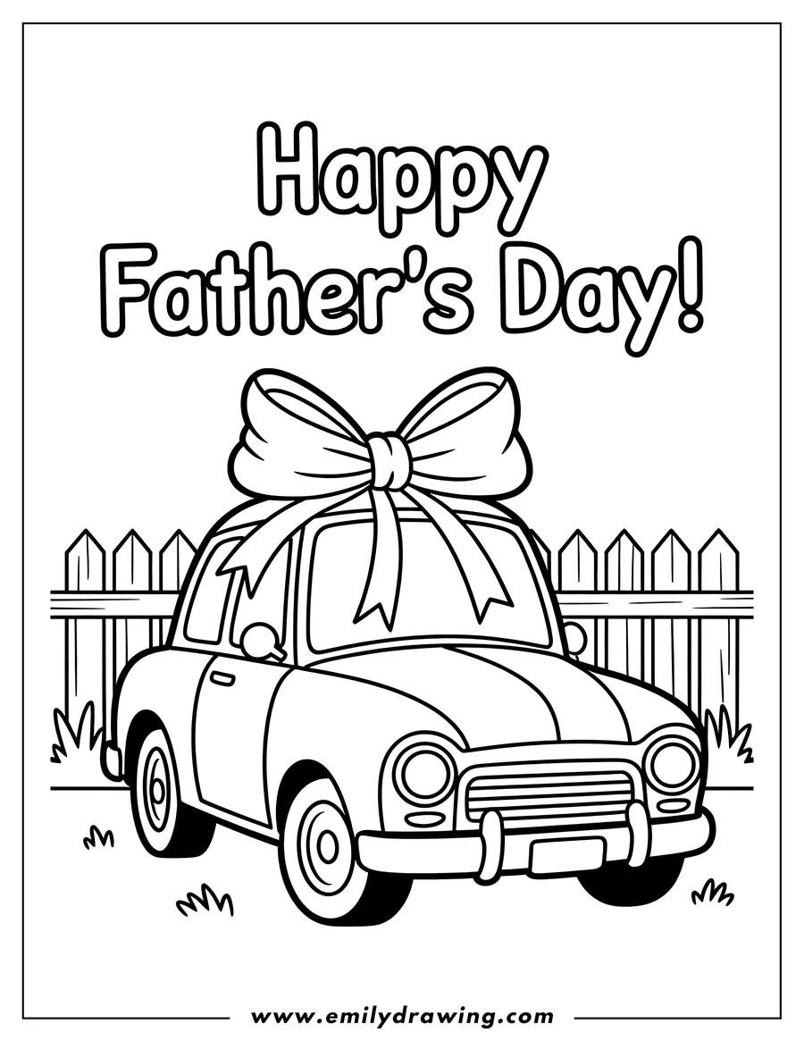 Line art of a car with a large bow on top, parked in front of a picket fence, likely a Father's Day gift.