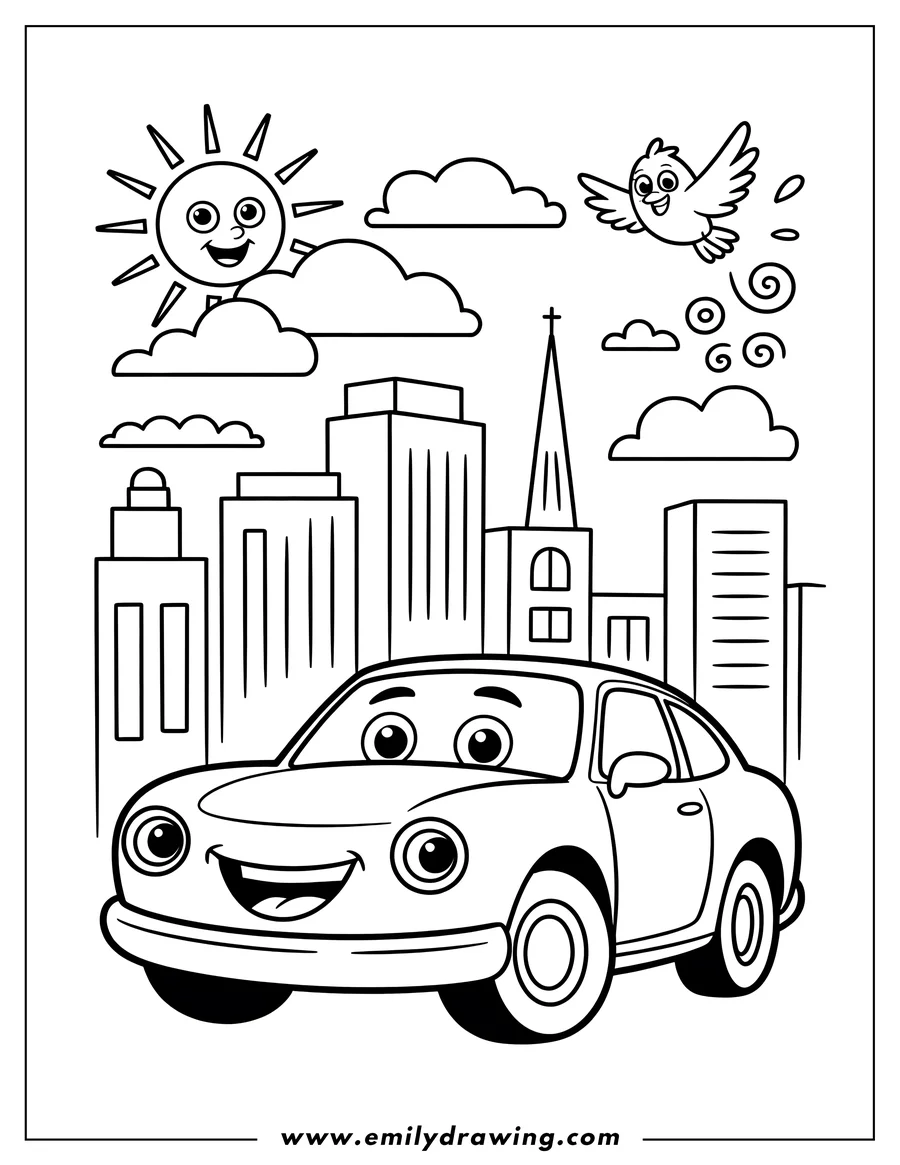 Line art of a smiling car in a city setting. Buildings, clouds, a sun, and a bird are also featured.