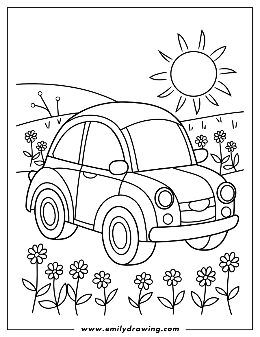 Outline of a car driving through a field of flowers on a sunny day