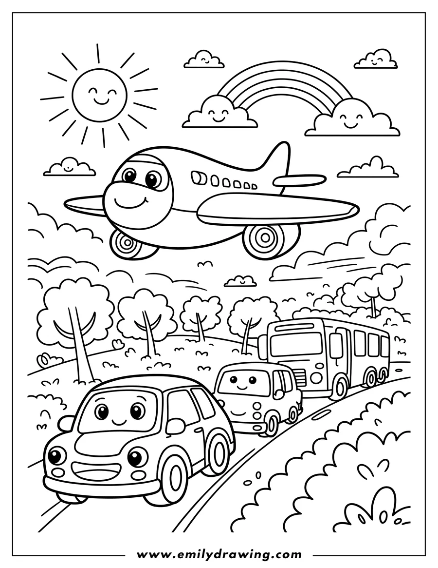 Line art of a car driving on a road, a bus and truck follow behind, with an airplane overhead and a smiling sun and rainbow.