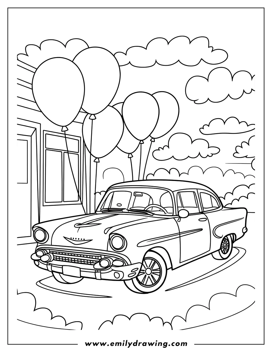 Line art of a classic car with balloons attached, parked near a building.