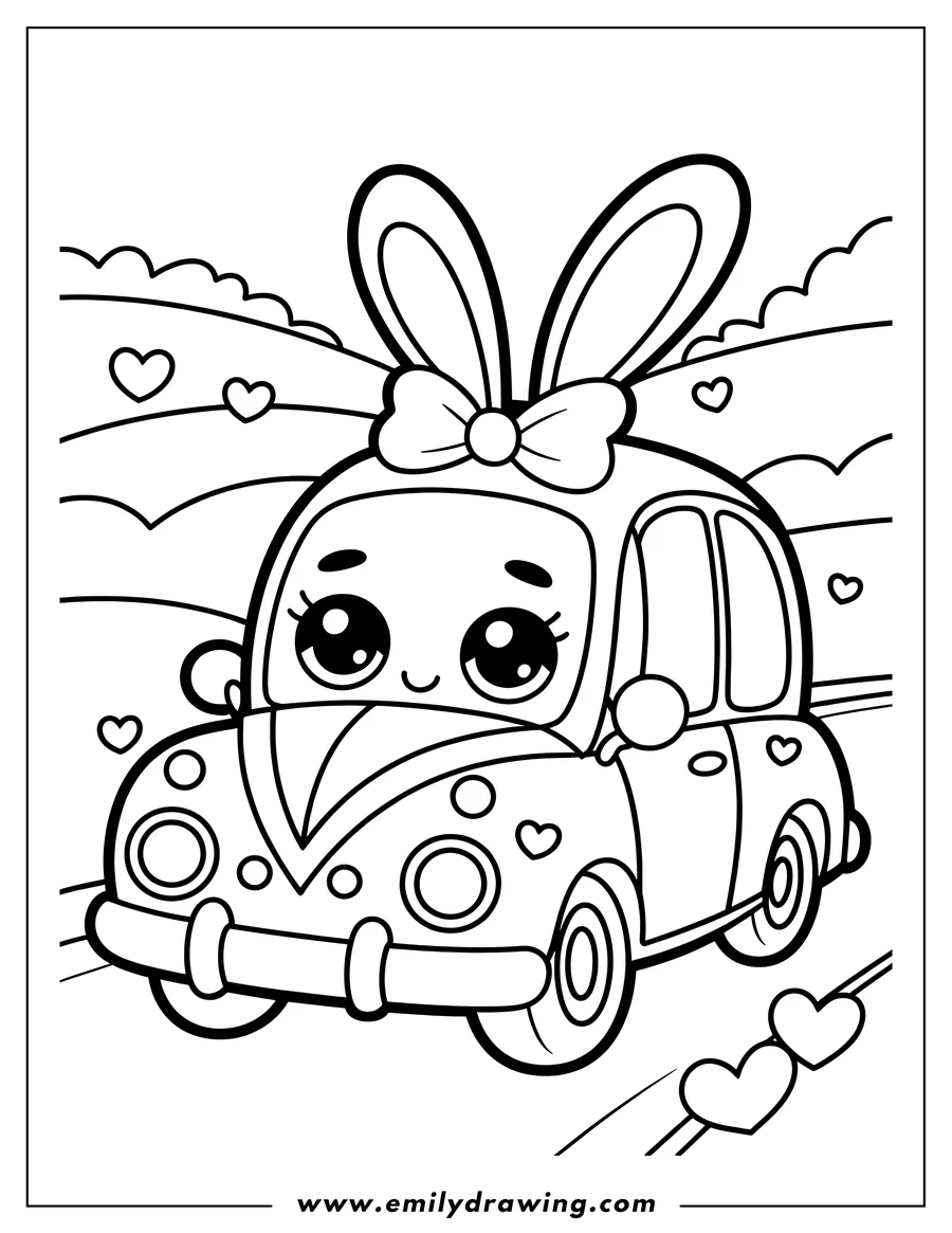 Outline of a cute car with bunny ears and a bow, decorated with hearts, driving on a road.