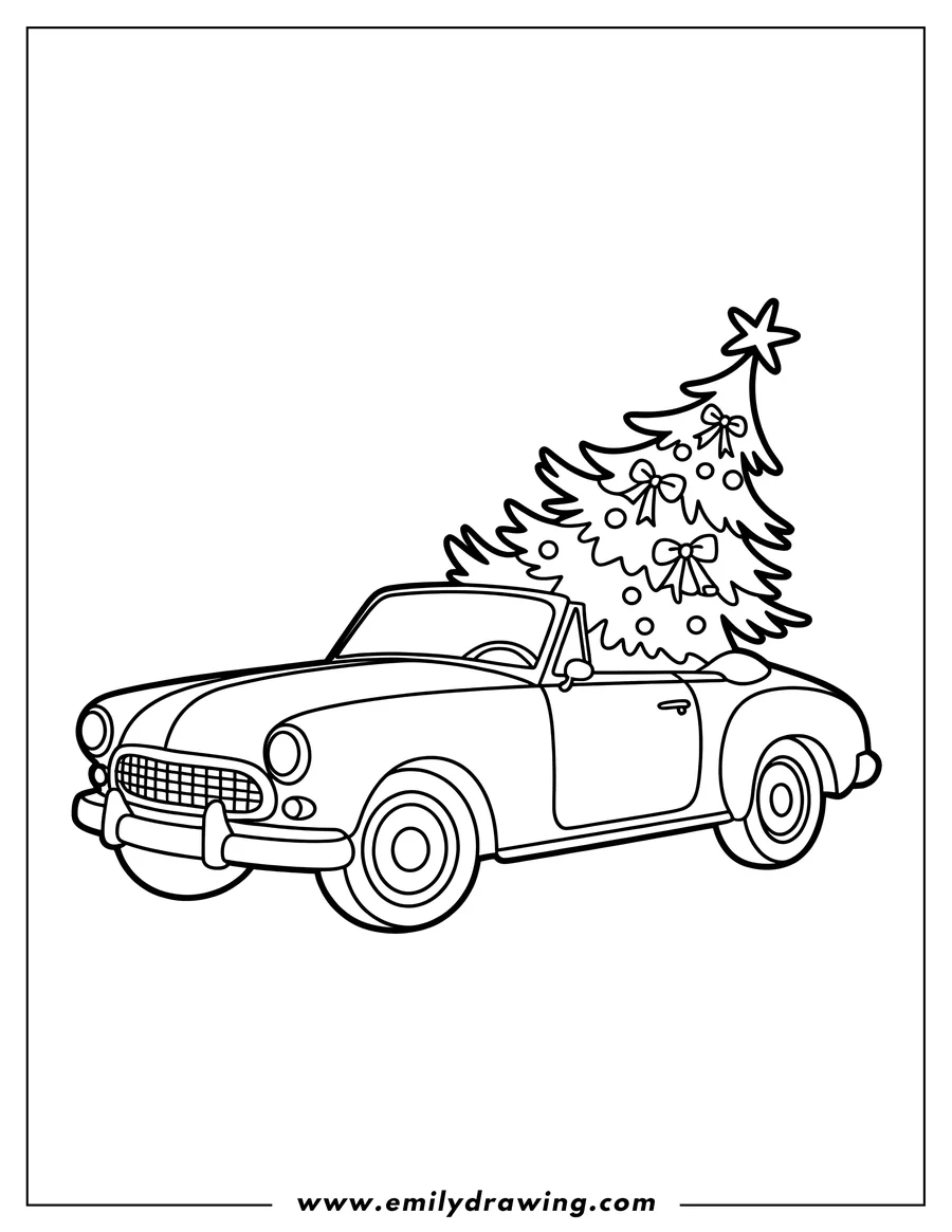Line art of a vintage car carrying a decorated Christmas tree.