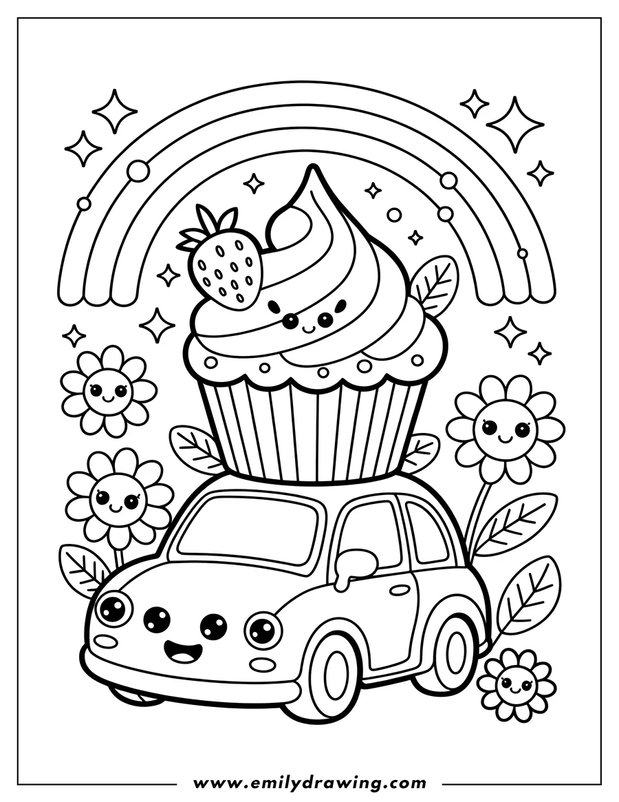 Outline of a cute car with a large cupcake on its roof, a rainbow overhead, and smiling flowers around it.
