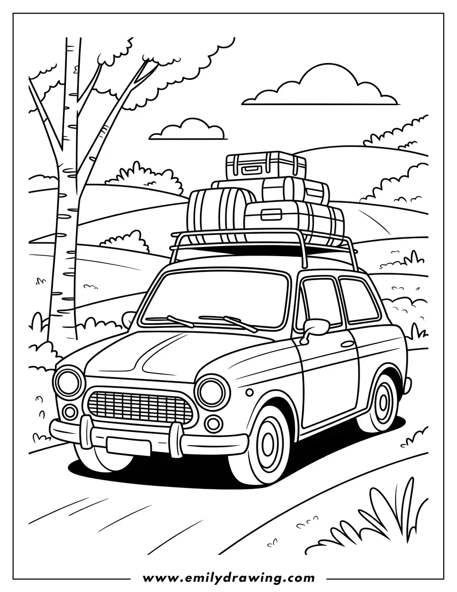 Outline of a car with luggage on its roof rack, driving past a tree and grassy hills.