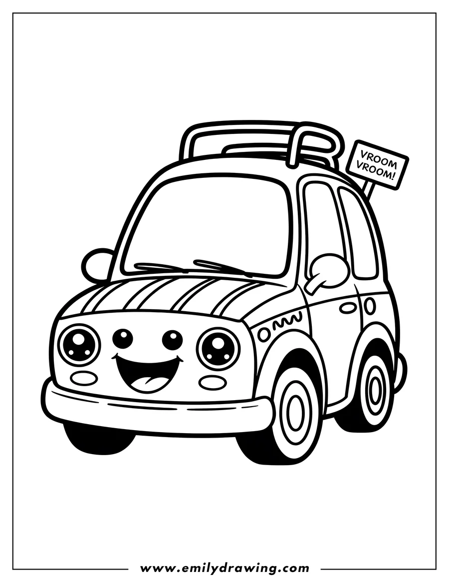Line art of a cheerful car with a roof rack, ready for coloring.