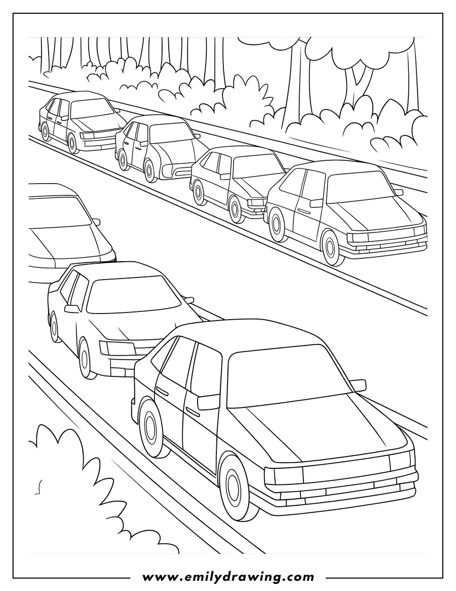 Line art of cars driving on a road bordered by trees and bushes.