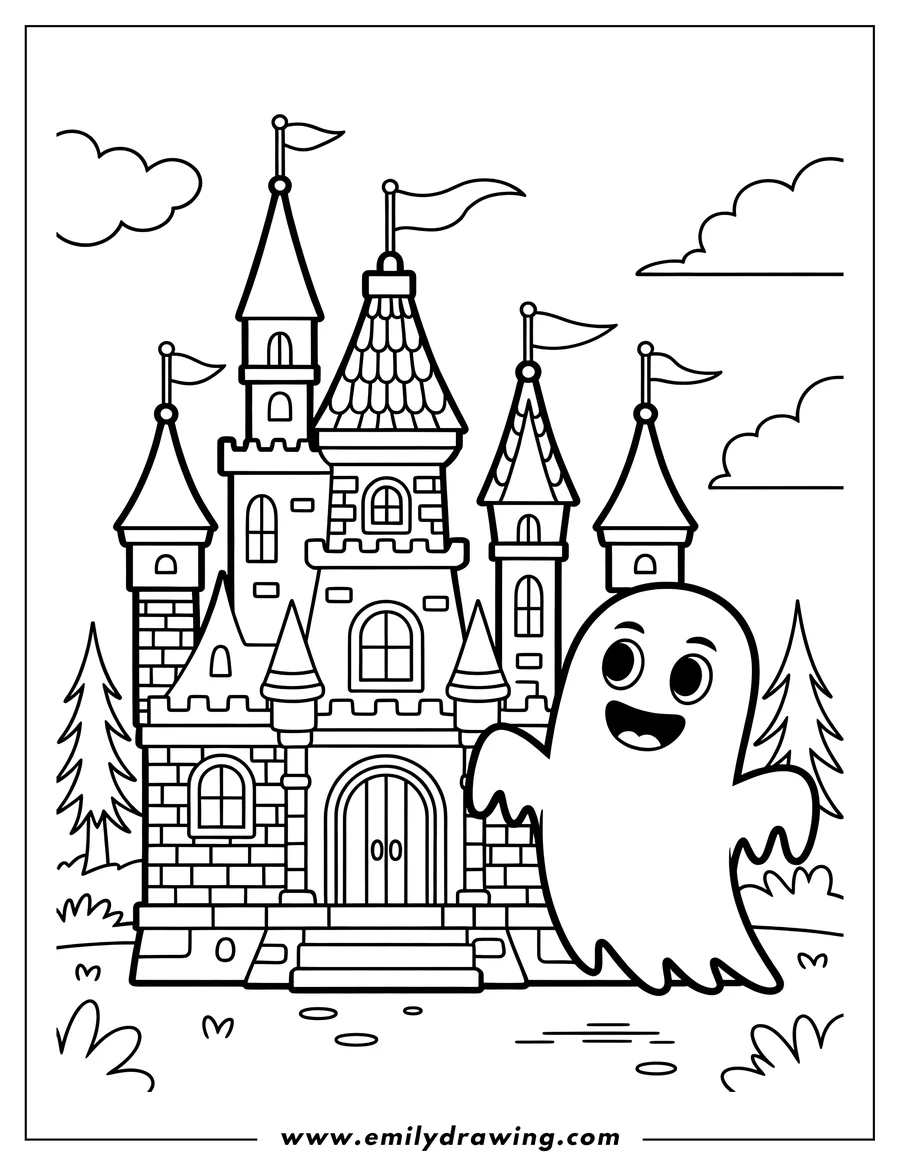 Line art of a castle with a friendly ghost floating nearby.