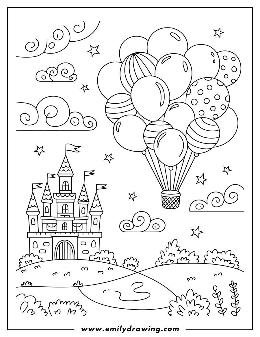 Outline of a castle on a hill with a hot air balloon floating above. Swirly clouds and stars fill the sky.