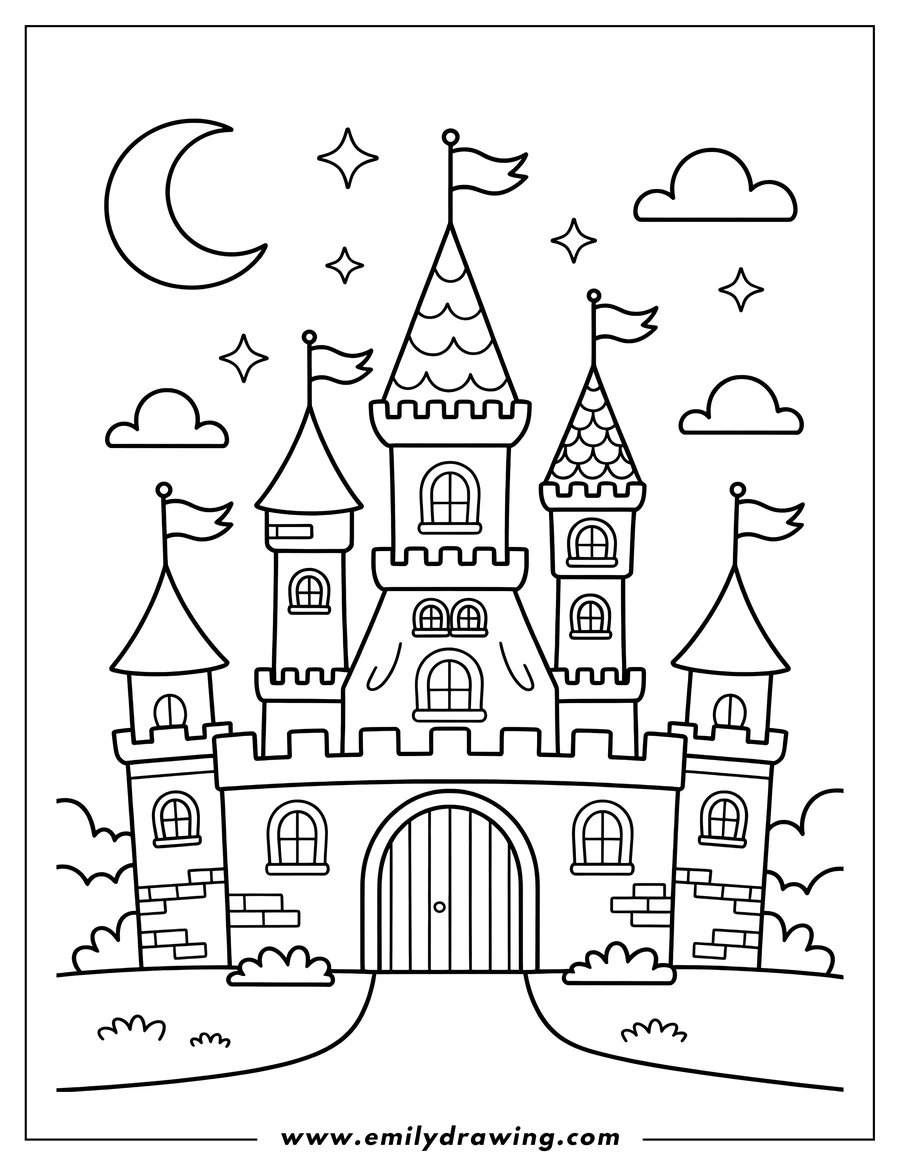 Outline of a castle at night with flags on the towers, a crescent moon, and stars in the sky.