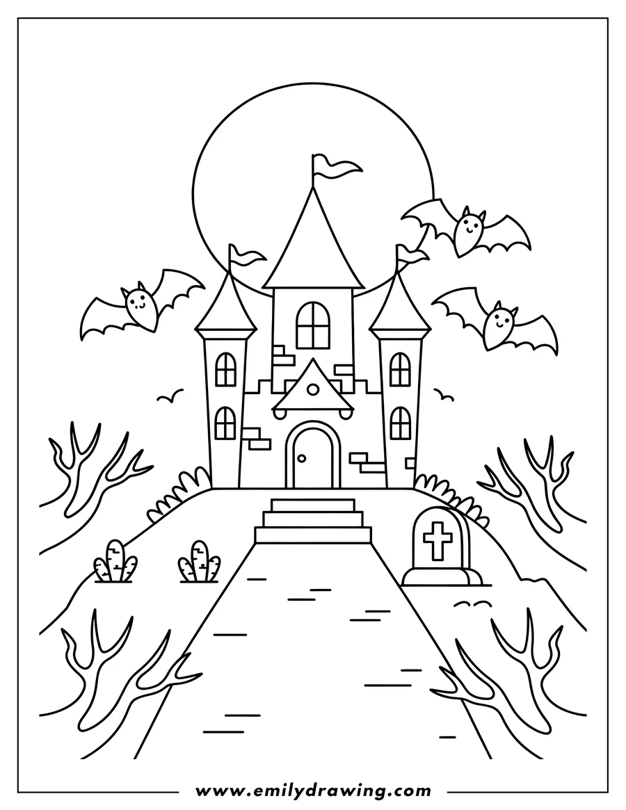 Outline of a spooky castle on a hilltop at night with bats flying around it, a gravestone, and bare trees.