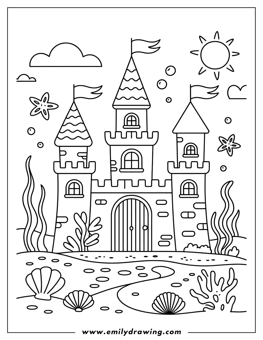 Outline of a castle with flags, situated by the sea. The seabed features seashells, starfish, and seaweed. The sun and clouds are visible in the sky.