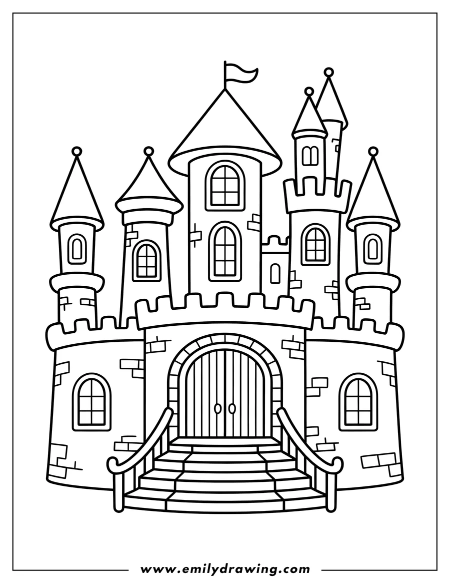 Line art of a castle with multiple towers, windows, and a large double door at the top of a short staircase.