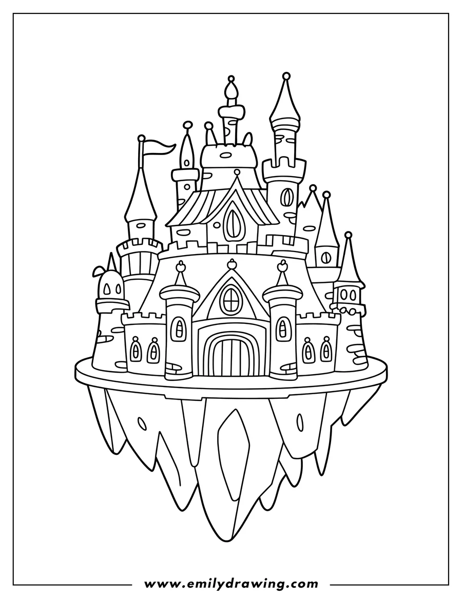 Line art of a whimsical castle perched on a floating island. The castle features multiple towers, flags, and a large central gate.