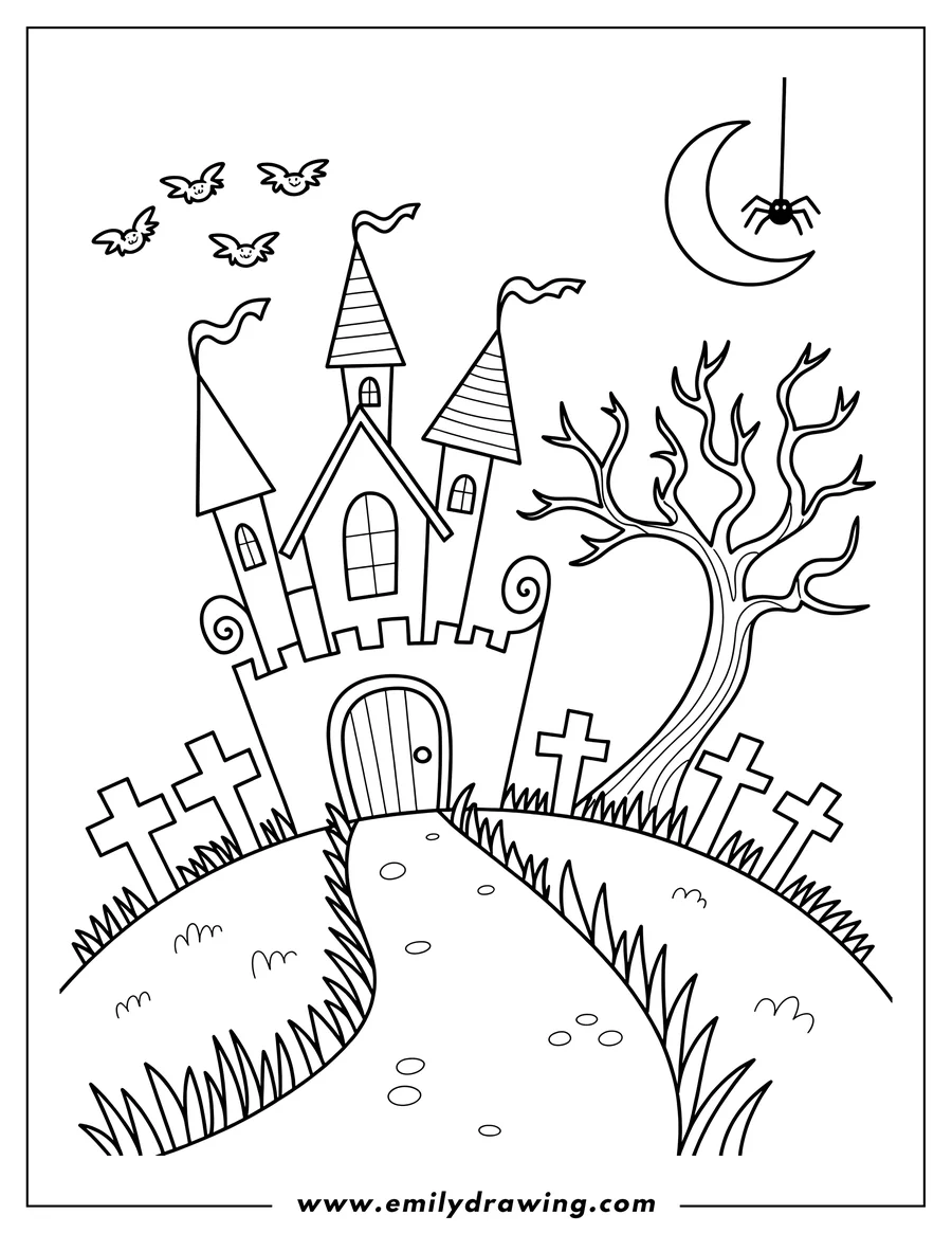 Outline of a spooky castle on a hill with tombstones and a creepy bare tree. Bats fly above, a crescent moon shines, and a spider dangles from its web. A path winds towards the castle.