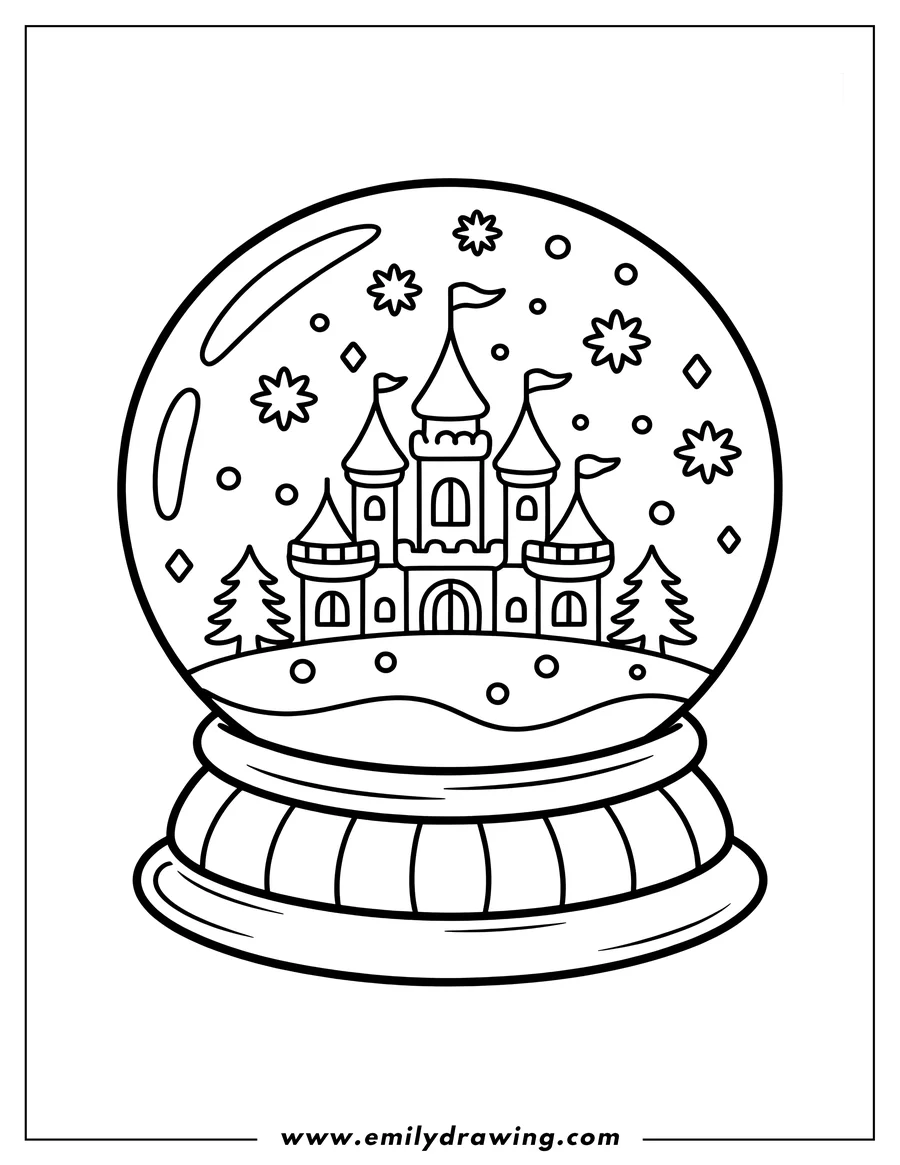 Outline of a castle inside a snow globe with small trees and snowflakes.
