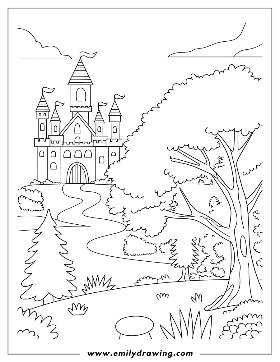 Line art of a castle with flags on its towers, situated near a forest with various trees and bushes. A winding path leads to the castle's entrance.