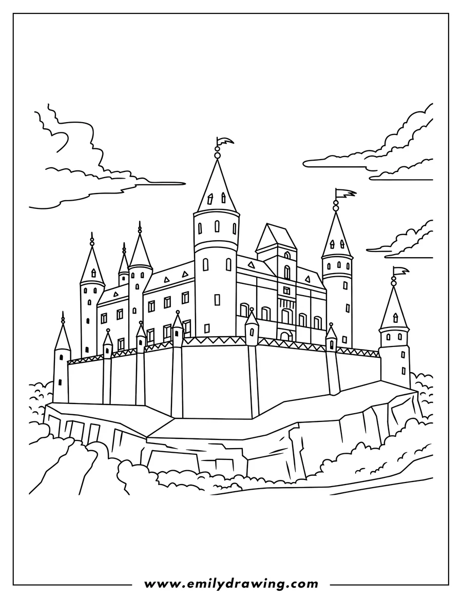 Line art of a castle perched on a cliff, with multiple towers and flags, surrounded by clouds.