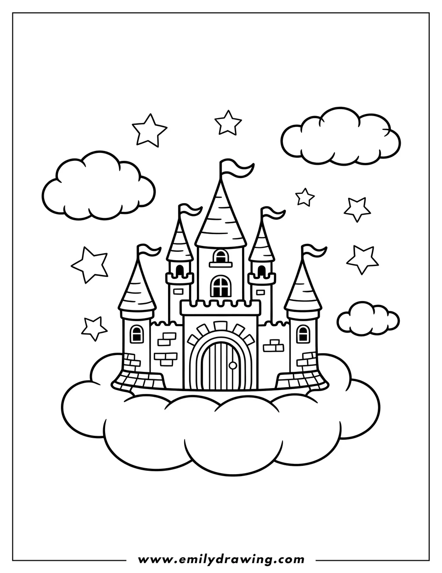 Outline of a castle sitting on a cloud, with flags on its towers and stars surrounding it.
