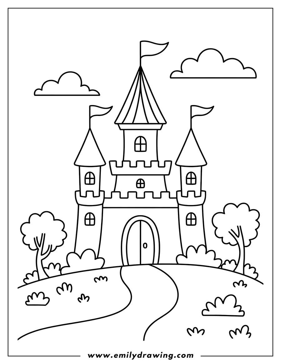 Line art of a castle with three towers and flags on a hilltop, with a path, trees, and bushes.