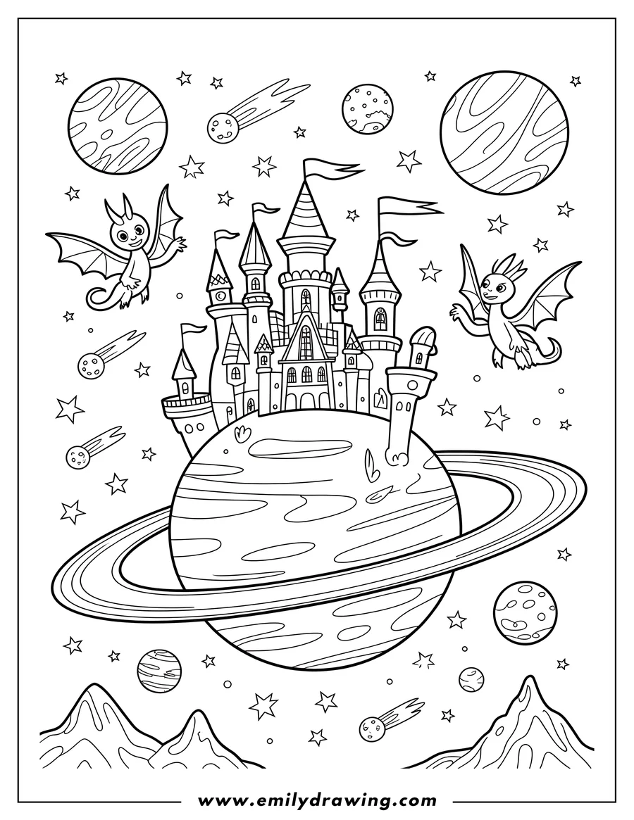 Line art of a castle sitting on a ringed planet with two friendly dragons flying nearby. Several other planets and stars fill the background.