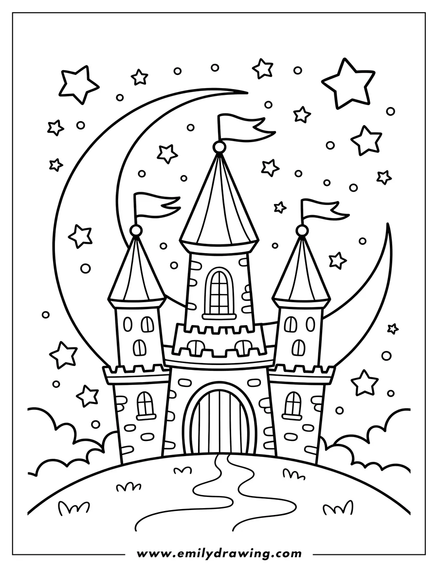 Outline of a castle on a hill under a crescent moon and stars.
