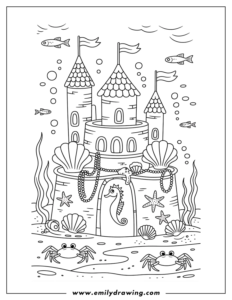 Line art of a castle underwater, decorated with seashells, starfish, pearls, and seaweed. A seahorse waits at the castle gate, while two crabs explore the sandy seabed below.