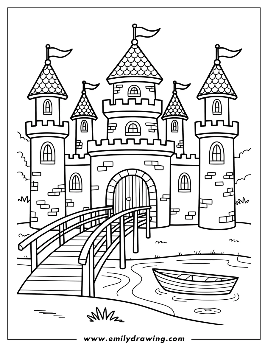 Line drawing of a castle with multiple towers, flags, and a wooden bridge leading to an arched gateway. A small rowboat floats in the water below.