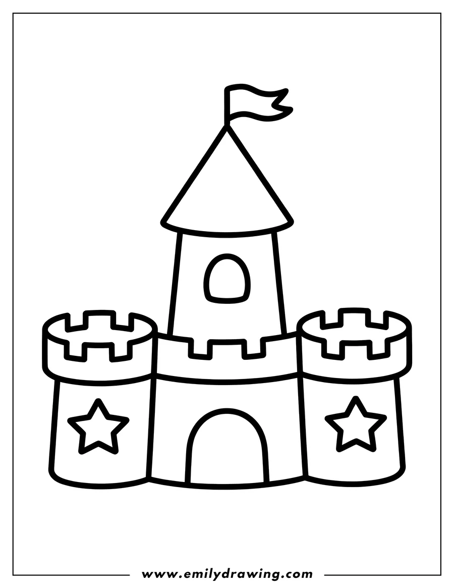 Line art of a castle with a flag on the highest tower and stars on the side towers.