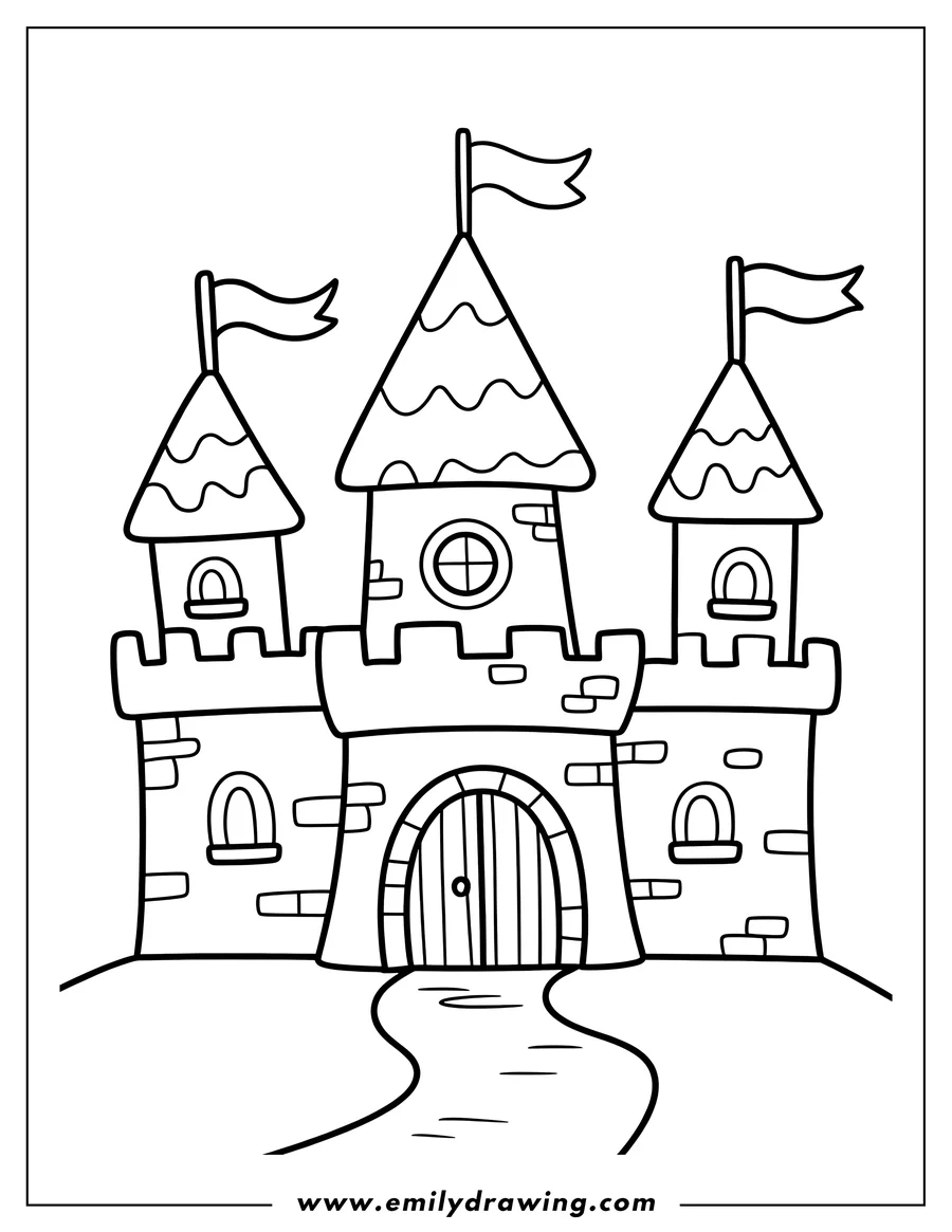 Outline of a castle with three towers and flags, a large main door, and a winding path leading up to it.