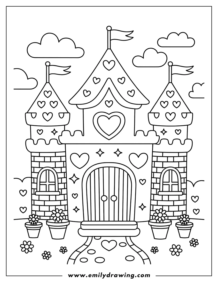 Outline of a castle with heart details, flags, and flower pots by the entrance. A whimsical and detailed coloring page.