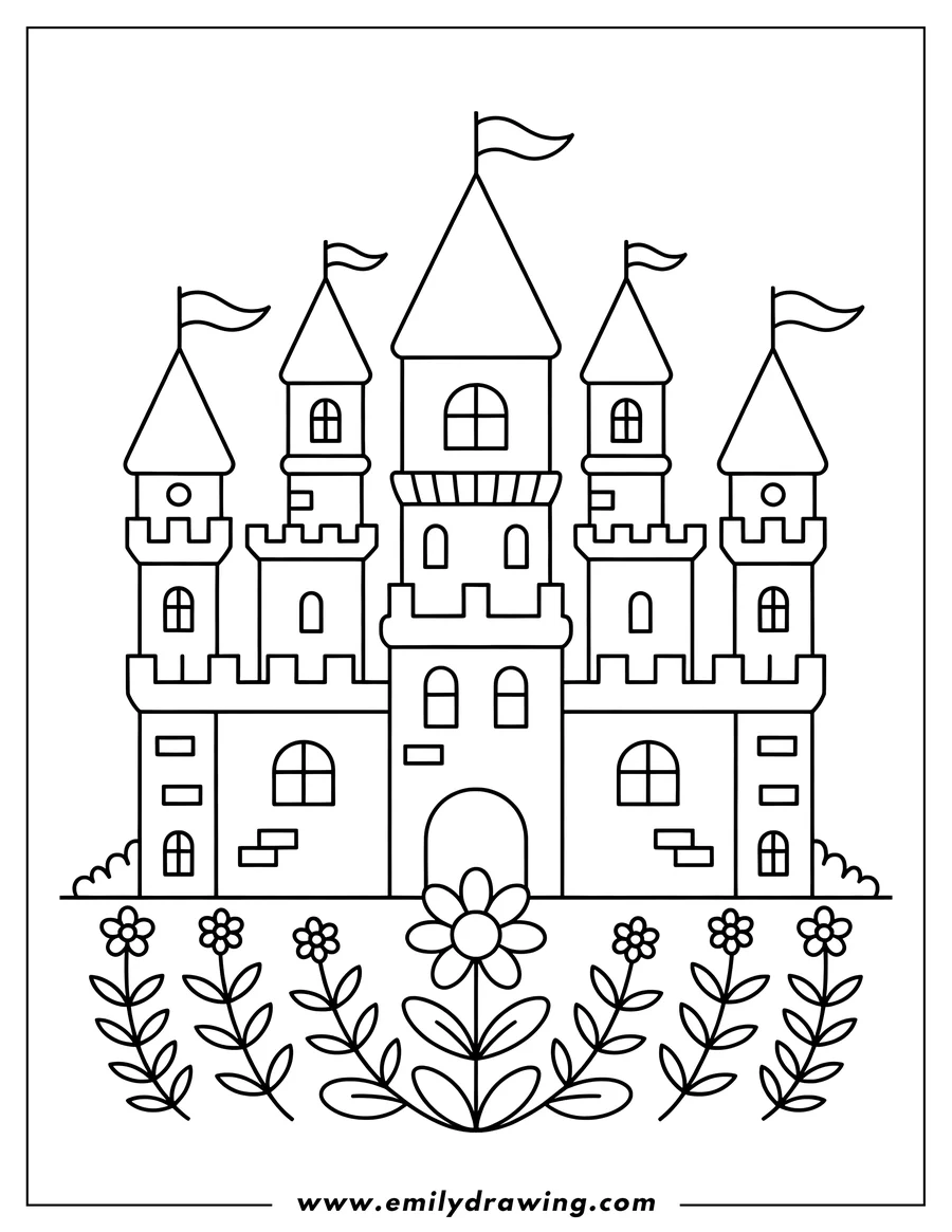 Outline of a castle with multiple towers and flags, with flowers in the foreground.