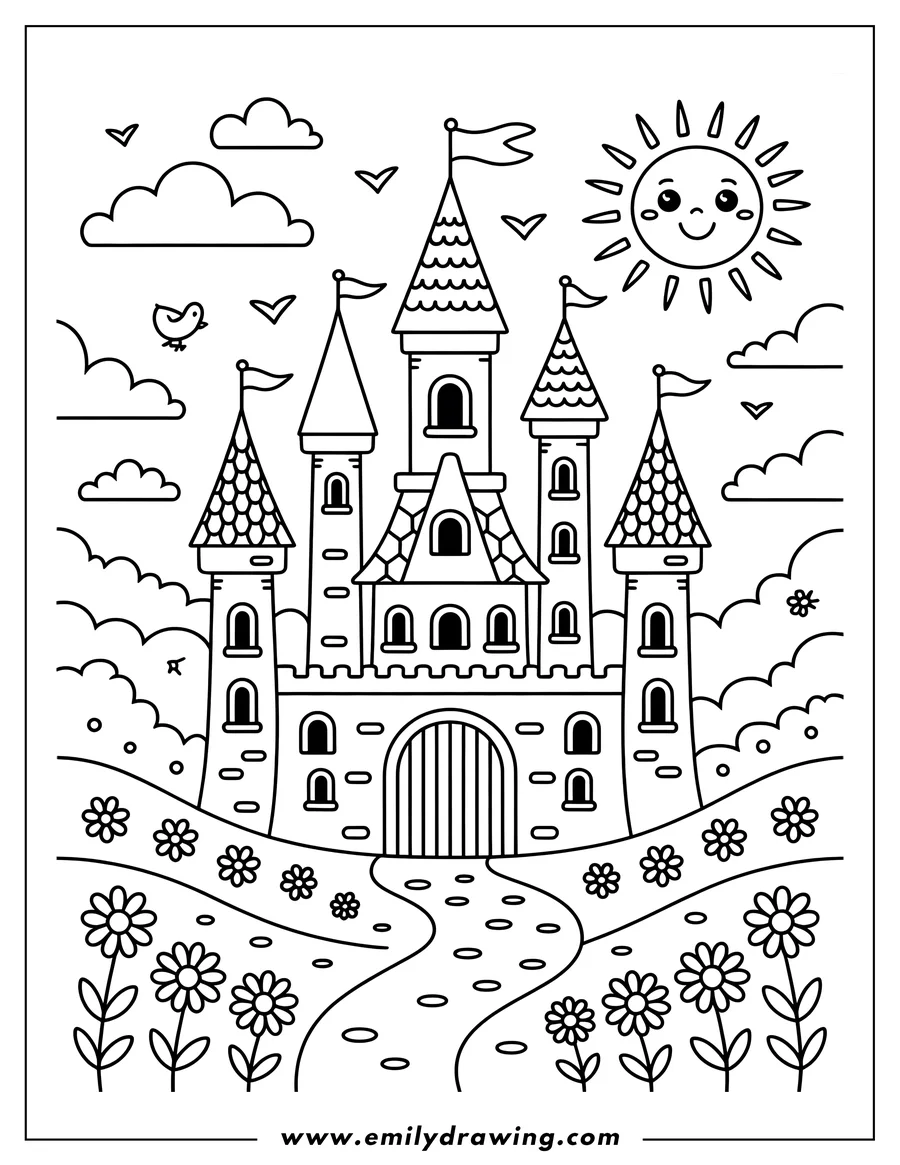Line art of a castle with multiple towers and flags, a large gate, and a winding path leading through a field of flowers.