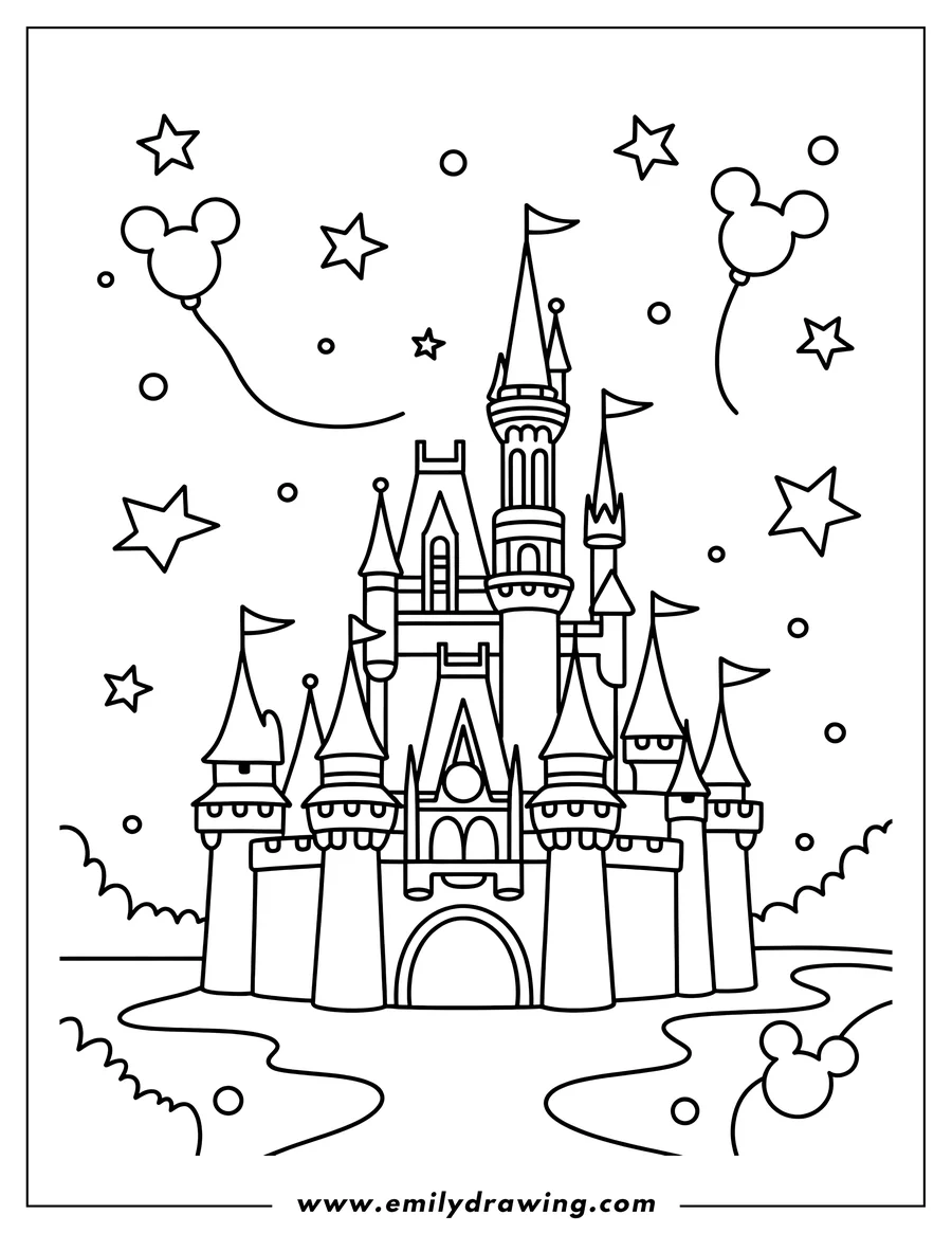 Line art of a castle with Mickey Mouse balloons and stars in the background.
