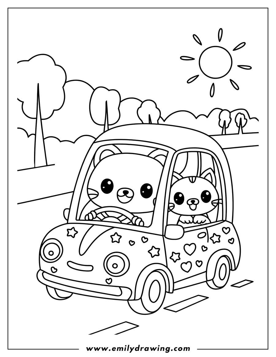 Line art of a cat and a bear driving in a car decorated with hearts and stars on a sunny day.