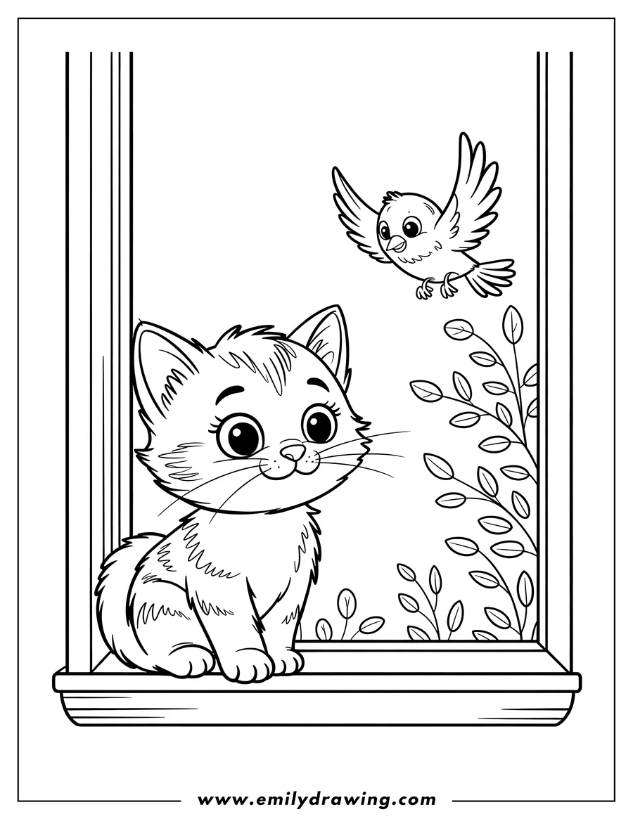 Outline of a cat sitting on a windowsill watching a small bird fly past, with leaves visible outside the window.