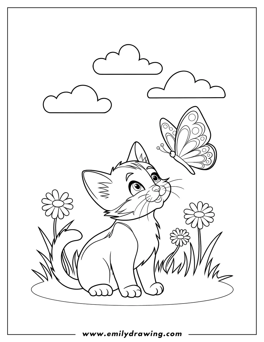 Outline of a cat looking up at a butterfly, with daisies and grass below and clouds above.