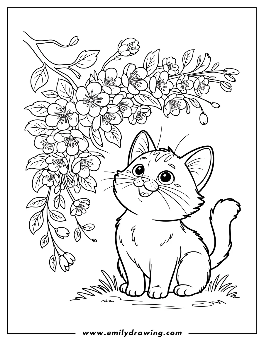 Outline of a cat looking up at cherry blossoms.