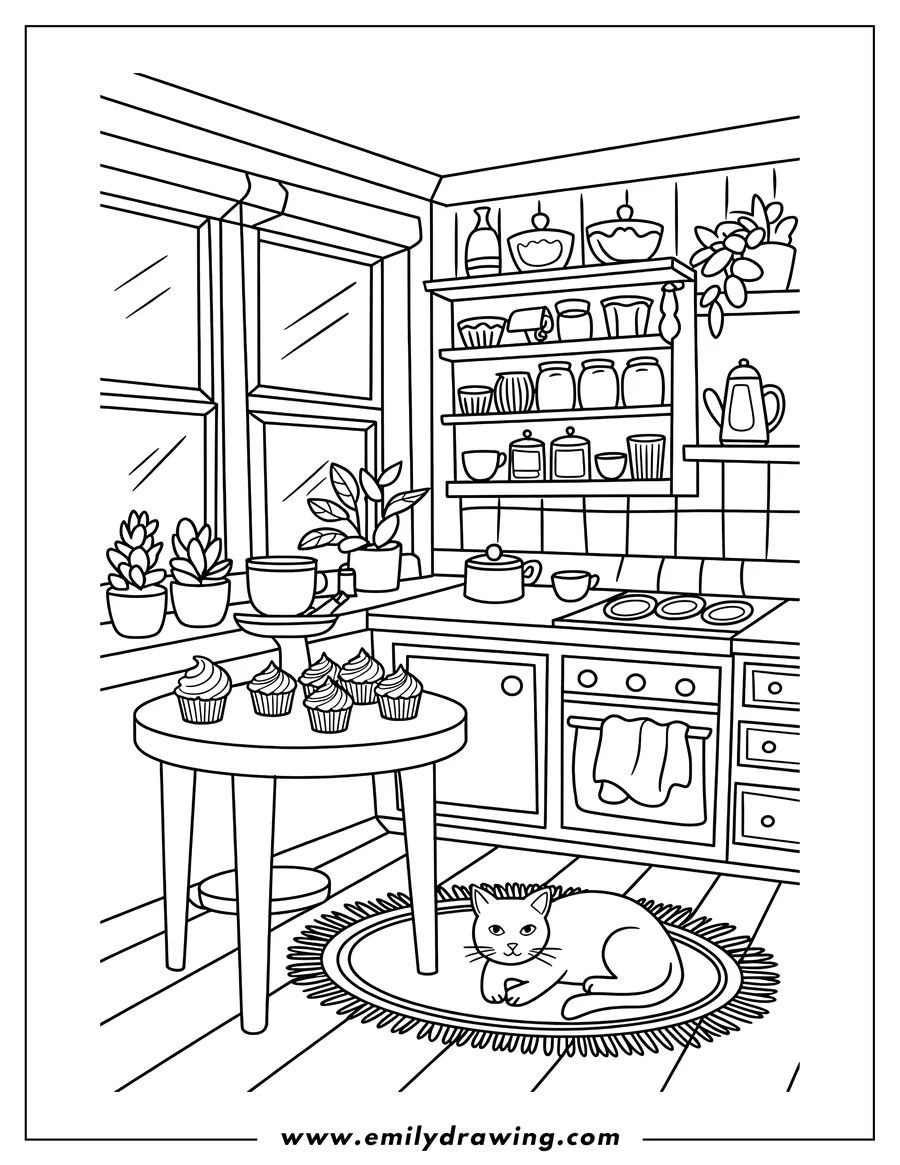 Outline of a cat relaxing on a rug in a kitchen with cupcakes on a nearby table. Shelves are filled with jars and dishes. Potted plants sit by the window.