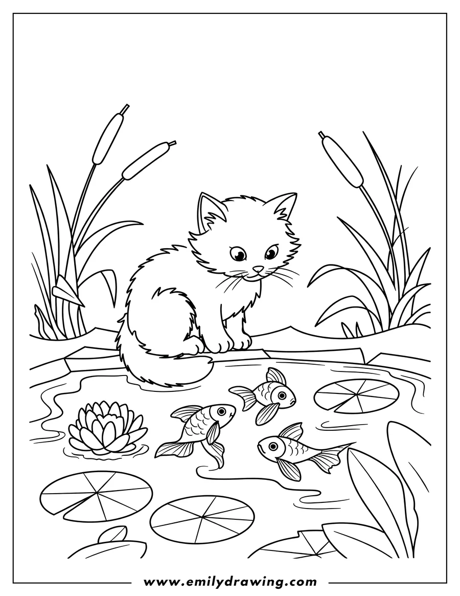 Outline of a cat sitting by a pond watching three fish swim among lily pads and reeds.
