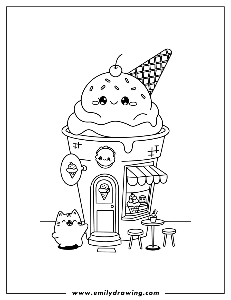 Outline of a cat outside an ice cream shop. The shop has a large ice cream cone on top. There is a small table and chairs outside.