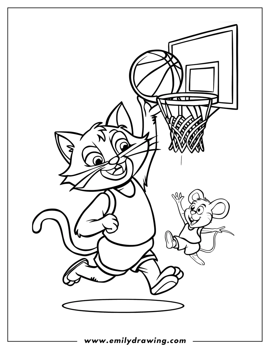 Line art of a cat playing basketball with a mouse cheering him on. The cat is mid-jump about to make a basket.