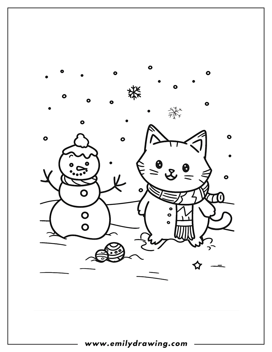 Outline of a cat wearing a scarf and coat standing near a snowman in the snow, with ornaments scattered nearby.