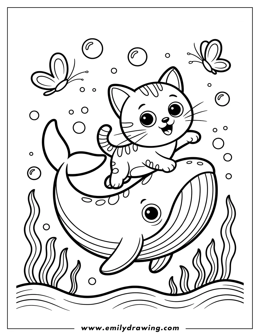 Outline of a cat riding a whale underwater with butterflies and bubbles.