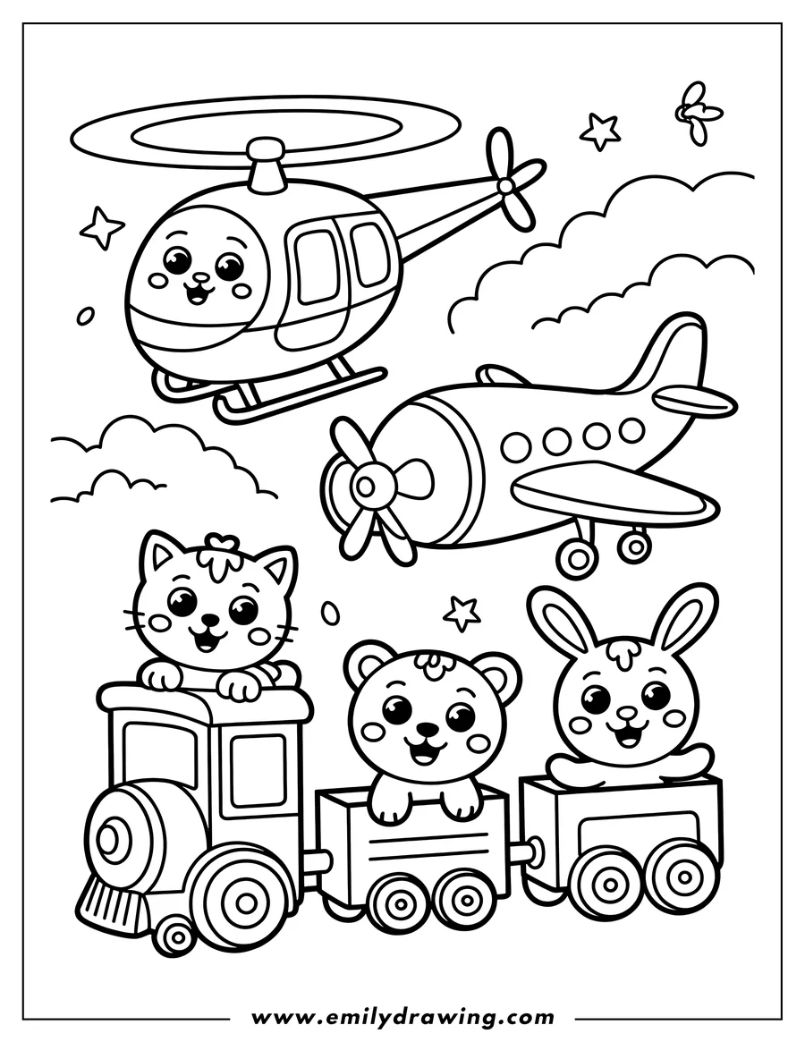 Line art of a cat, bear, and rabbit riding in a train, with a plane and a helicopter in the sky above.