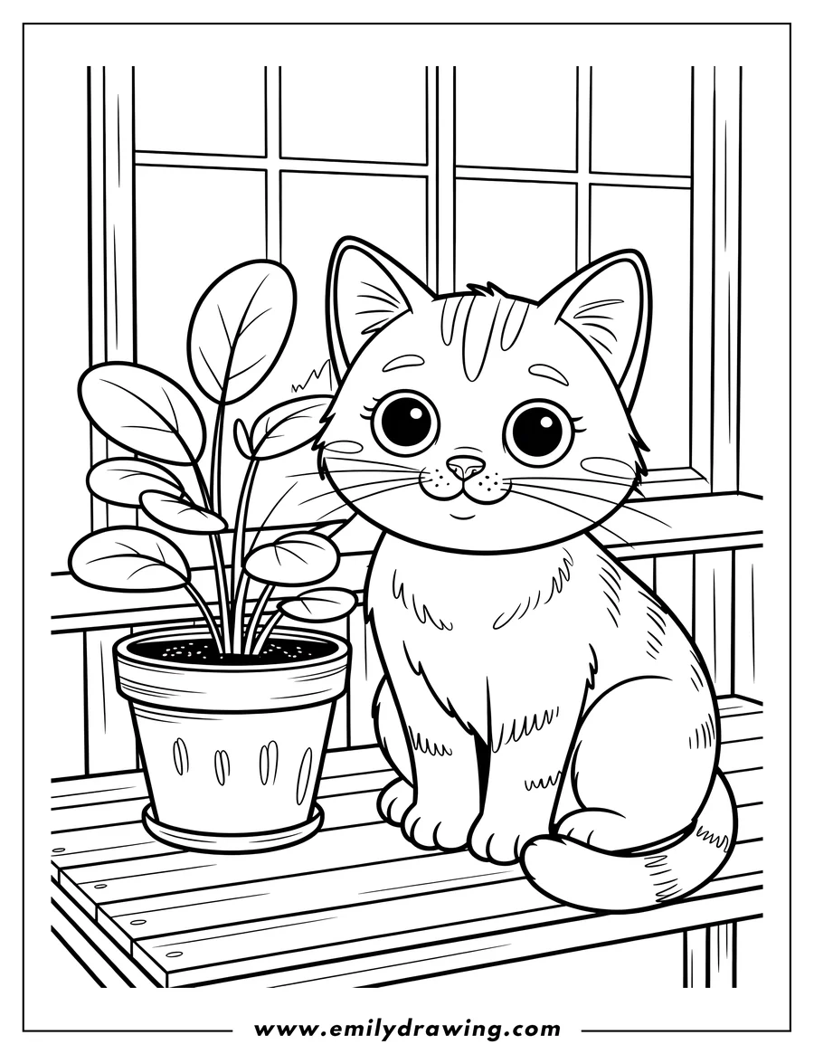 Outline of a cat sitting on a wooden surface next to a potted plant. The cat has large eyes and a content expression.