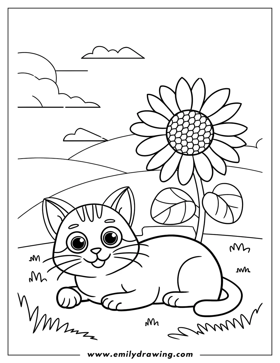 Line art of a cat sitting in the grass near a large sunflower. There are rolling hills and clouds in the background.