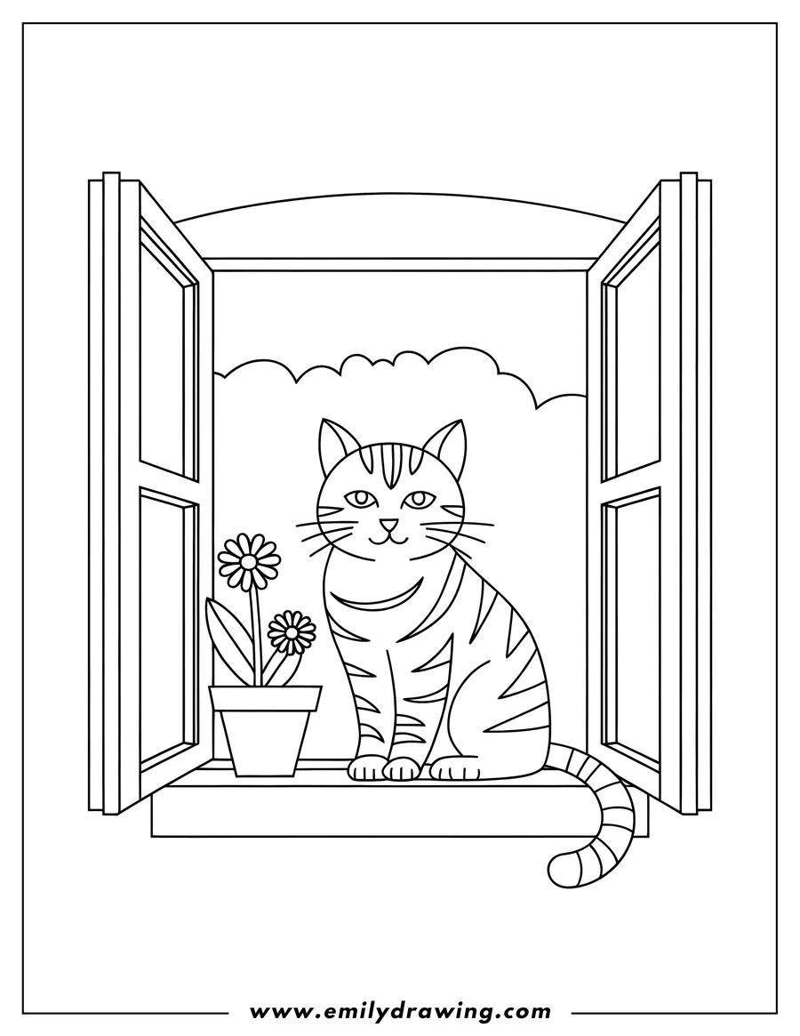 Outline of a cat sitting on a windowsill next to a potted flower. The window is open.